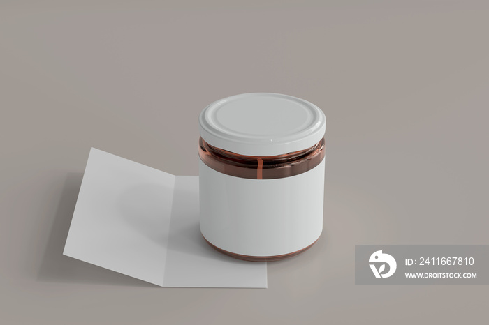 Blank Label Amber Glass Food Jar with Bi-Fold Brochure 3D Rendering