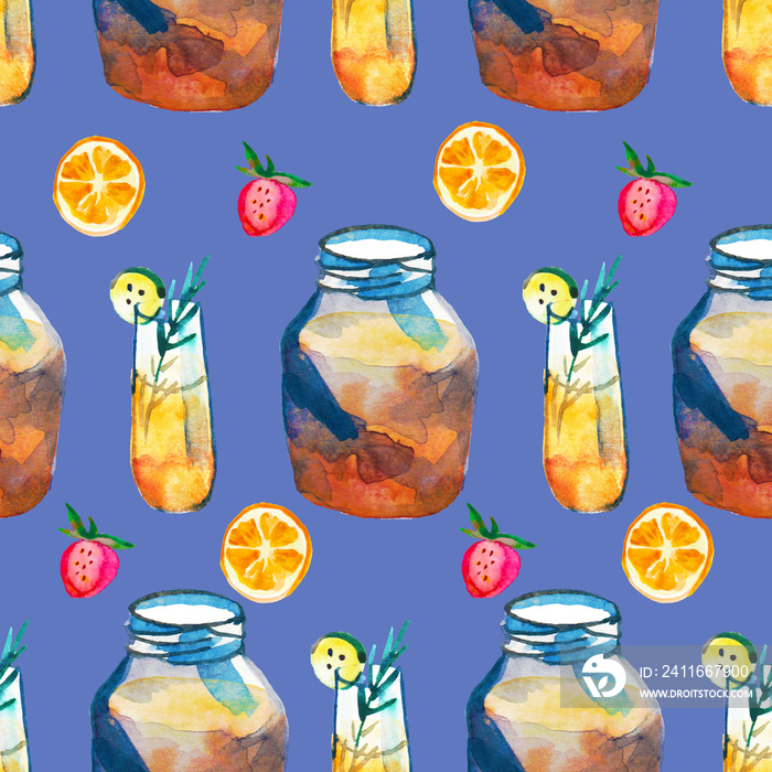 Pattern with Kombucha in a bottle, glasses and a jar. Strawberries and oranges. Healthy food.