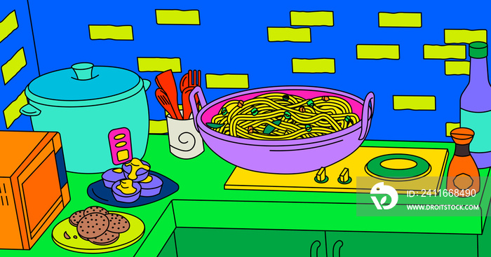 Pancit (Filipino noodles) in a kitchen with puto