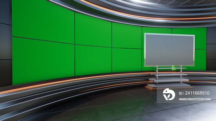 3D Virtual TV Studio News with green screen, 3D Rendering