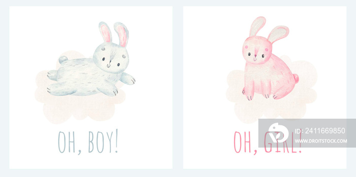 这是一个男孩和一个女孩的铭文，云上可爱的兔子，婴儿幼稚的设计，海报，印刷品
