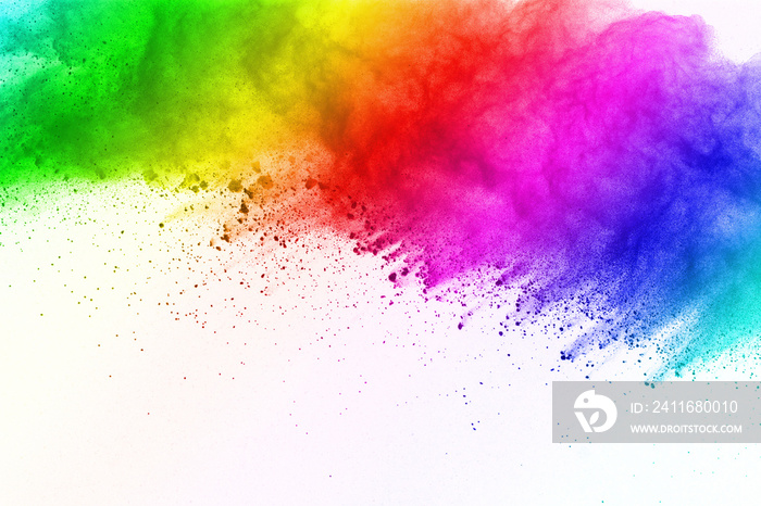 Freeze motion of colored powder explosions isolated on white background.