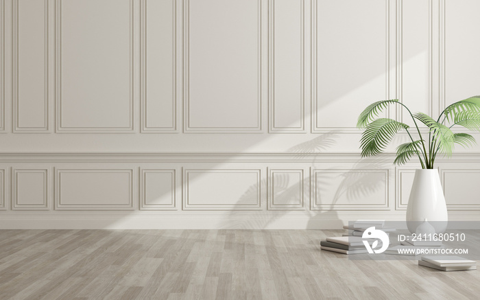 View of white empty room and wood laminate floor,frame with green plant ,Classic interior design. 3D