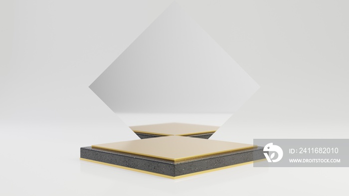 Rhombus black granite pedestal with gold top and mirror isolated on white background. 3d rendered mi