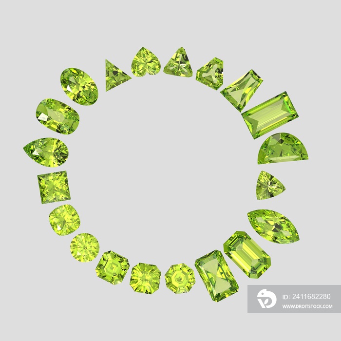 peridot color stone in all gem shapes 3D render