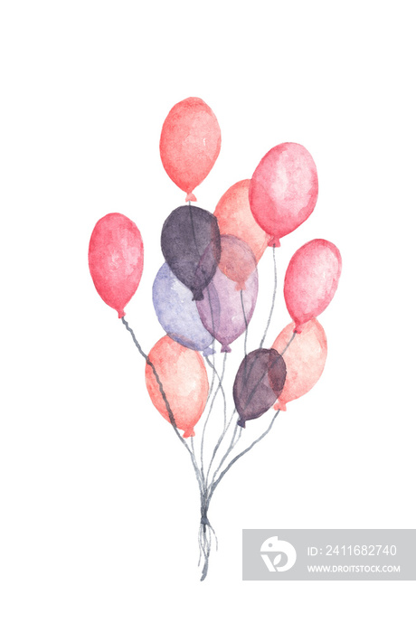 水彩画气球。手绘一包粉色和紫色气球，隔离在白色背景上