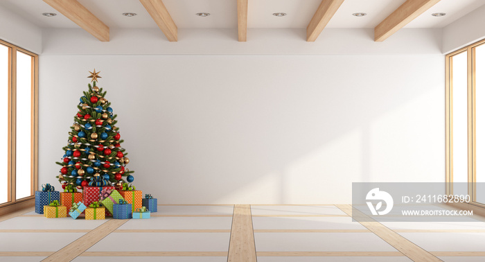 Empty living room with christmas tree