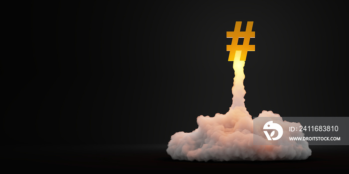 Hashtag rocket launch and explosion, business and technology concepts, original 3d rendering