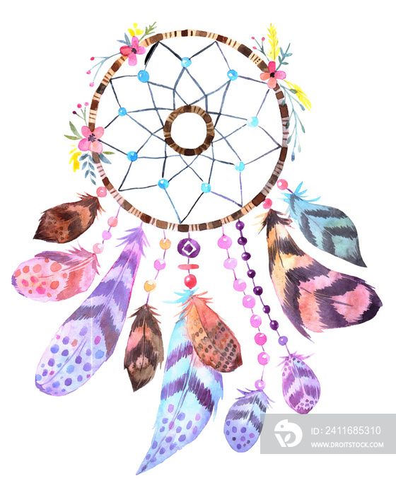 Hand drawn illustration of dreamcatcher.Ethnic illustration with Native American Indian watercolor d