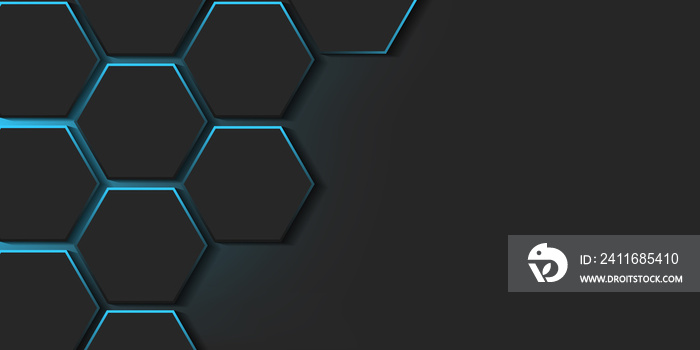 Dark horizontal background with honeycombs and hexagons with blue glow