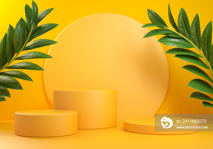 3D Rendering Mockup Yellow Podium Step, Tropic Leaf Abstract Background