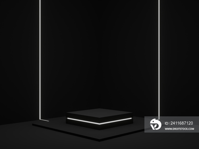 3D rendered black geometric product stand. Dark corner background
