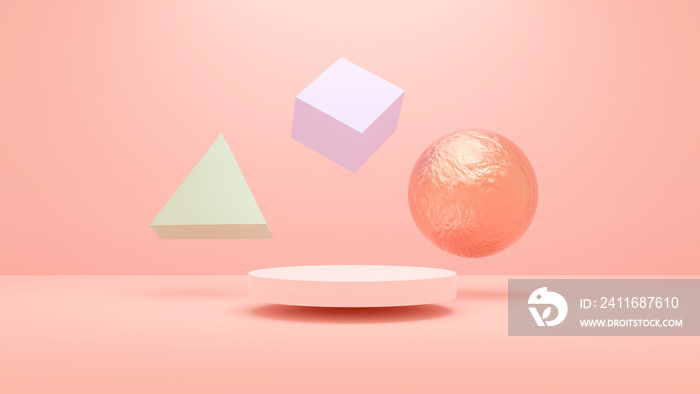 Rendered 3d floating pastel color geometric object, rose quartz color or copper texture ball, templa