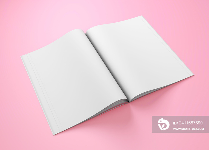 Open magazine mockup. Blank magazine template for copy space. Empty space in magazine. Pink backgrou