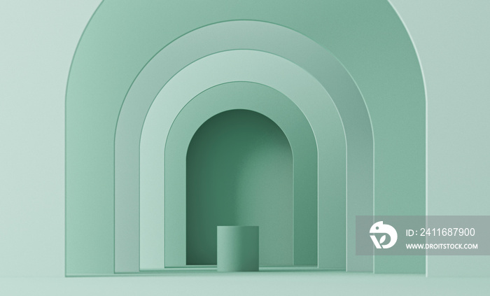 Minimal scene with geometric shapes, podiums and frame on pastel blue background. Trendy 3d render f