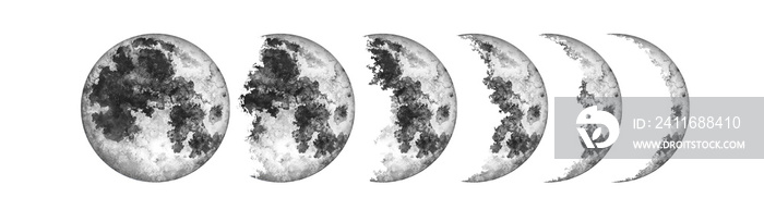 白色背景下的月相分离。水彩手绘插图。