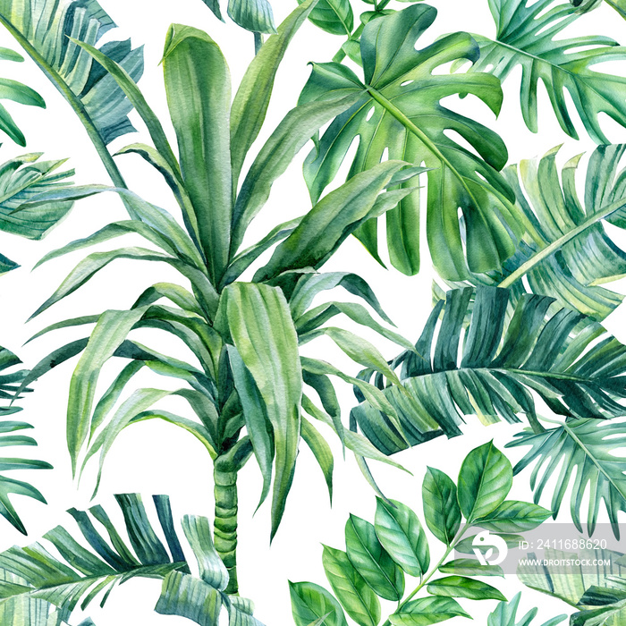 Tropical palm leaves on an isolated background. Watercolor illustration, seamless pattern