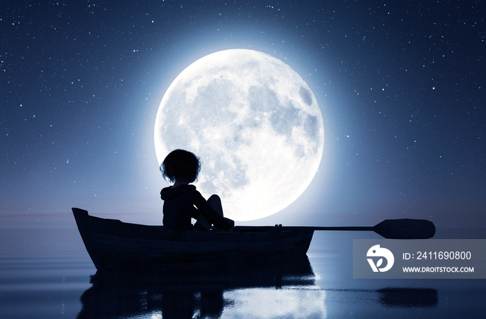 月光下海上划艇上的女孩，3d渲染