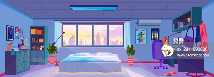 Quaritine woman online meeting alone in her bedroom , wide screen banner view , illustration picture