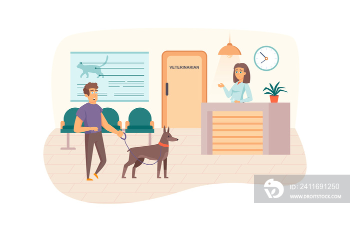 Veterinary clinic scene. Man with dog visits vet, waiting for doctors appointment in reception. Vet