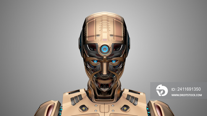 一个细节未来主义机器人或黄色人形半机械人的肖像，看起来稍微向下。正面