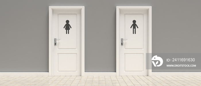 WC, toilets. Two closed doors on gray wall and tiled floor background, banner. 3d illustration