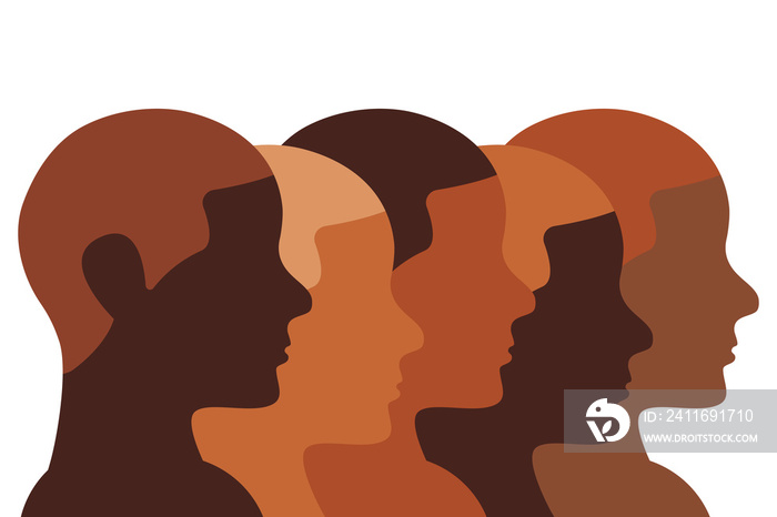 African people illustration. Brown and black human heads profiles in a row showing diversity of thei