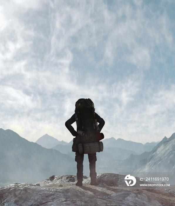 Backpacker on top of the peak,3d illustration**3d figures