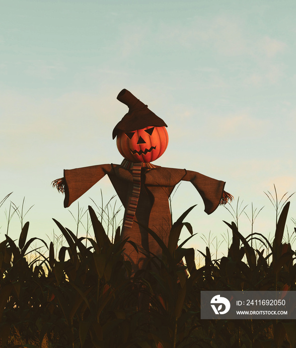 Scarecrow pumpkin in corn field,3d rendering