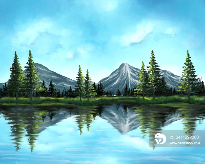 Watercolor lake in the mountains with blue sky