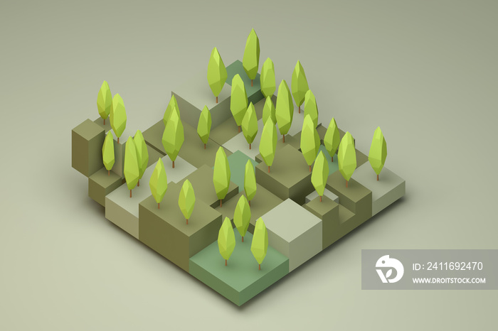 forest landscape 3d low poly cute retro isometric 3d illustration.