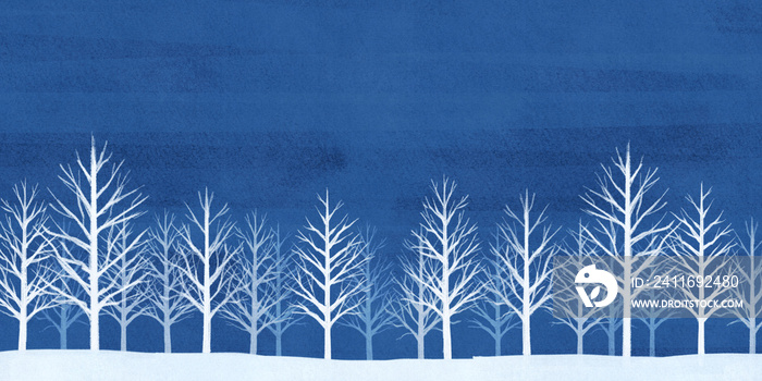 水彩　雪景色の森林の風景イラスト　冬の背景装飾　コピースペース