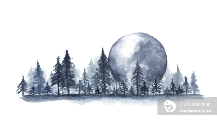 雾林景观，满月。水彩插图。