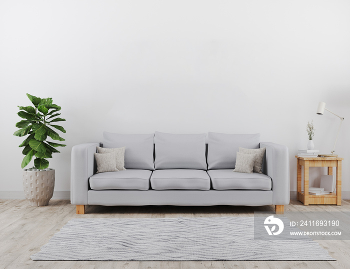 带灰色沙发模型的现代客厅。北欧风格，舒适时尚的室内背景，