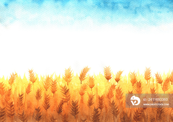 Wheat field watercolor with clear sky space hand painting background.