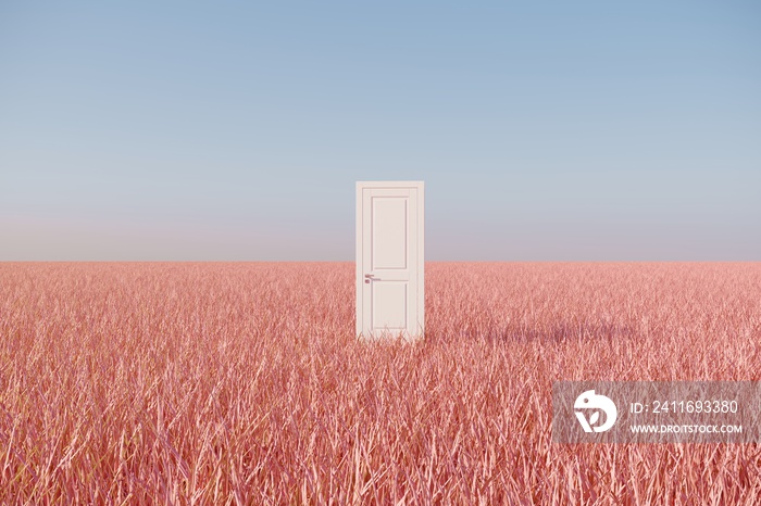 粉红色草地景观上的杰出白色门，天空背景。简约的概念。3D R