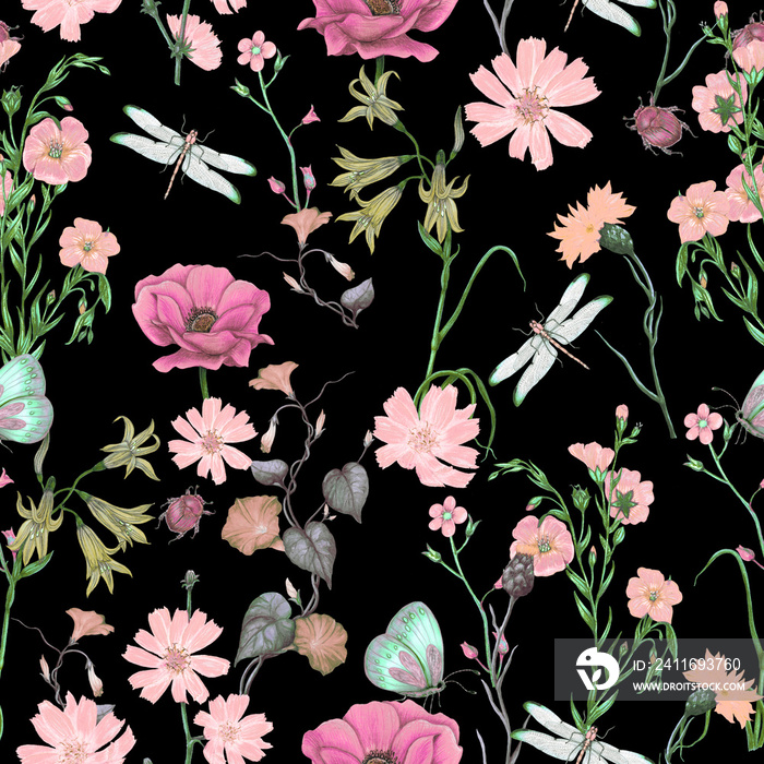 Seamless floral pattern of garden wildflowers