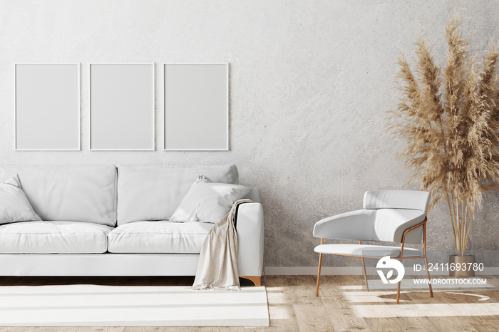 Blank white vertical frames mock up in Light coloured minimalistic living room interior with white a