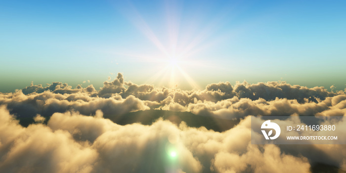 Beautiful aerial view above clouds with sunset. 3d illustration