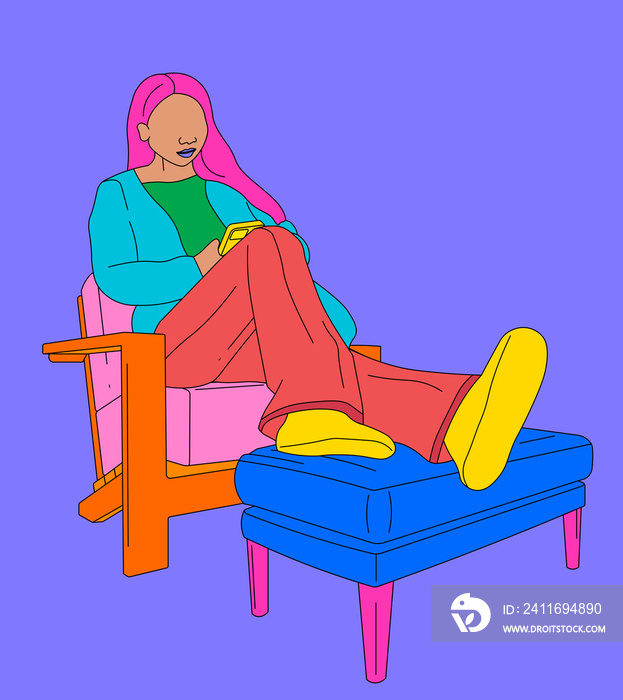 Nervous girl texting on a chair with her legs up on a purple background