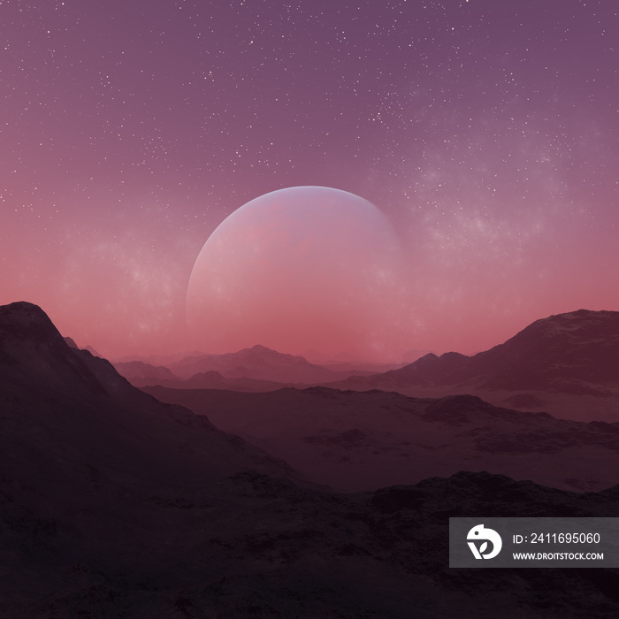 3d rendered Space Art: Alien Planet - A Fantasy Landscape with red skies and stars