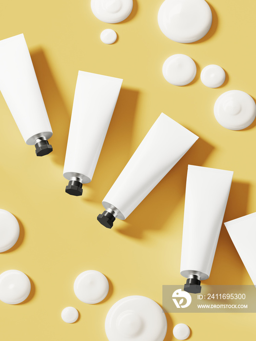 Minimal mockup background for product presentation. Cosmetic tube and white liquid foundation on yel