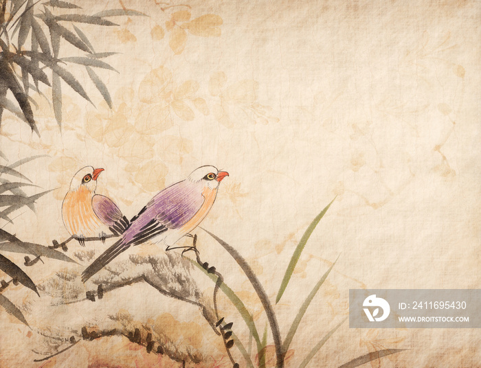 老纸背景下的中国画两只鸟