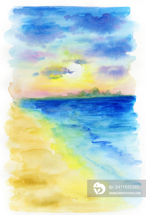 Hand drawn watercolor Sea background. Landscape of pink sunrise, sunset on the sea. Watercolor illus