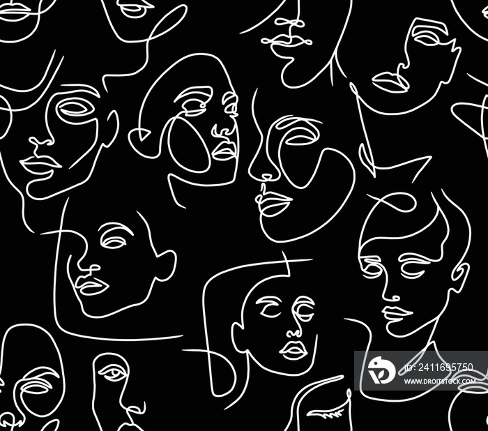 Abstract drawing of womens faces with white lines on a black background.Seamless pattern.