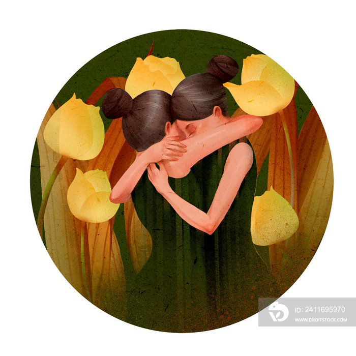 Women hugging each other, calm, think, tranquil, vintage style, Asian style, digital illustration