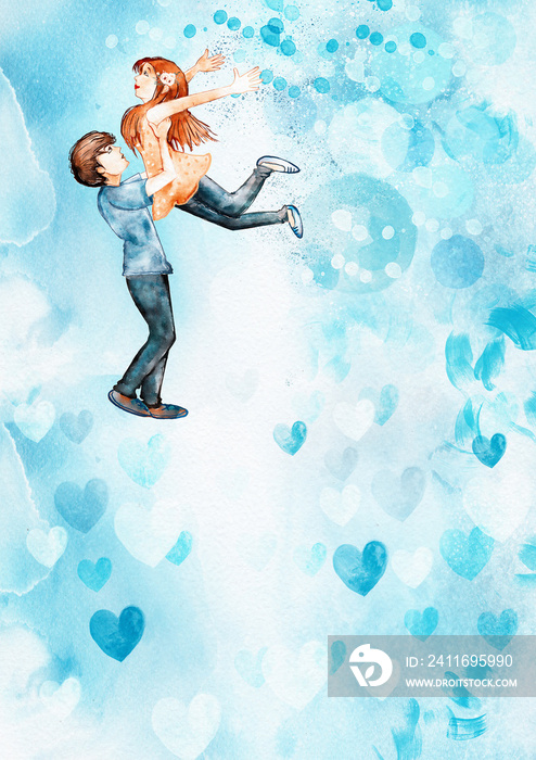Watercolor dancers. Valentine day background, blue