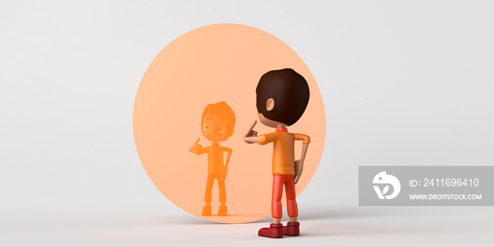 Child looking at himself in a mirror. Copy space. 3D illustration. Cartoon.