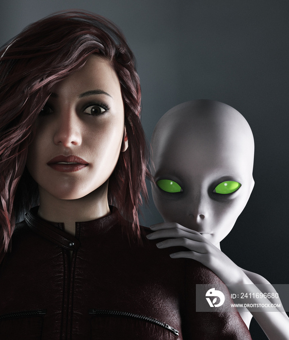 Woman with an alien,3d rendering