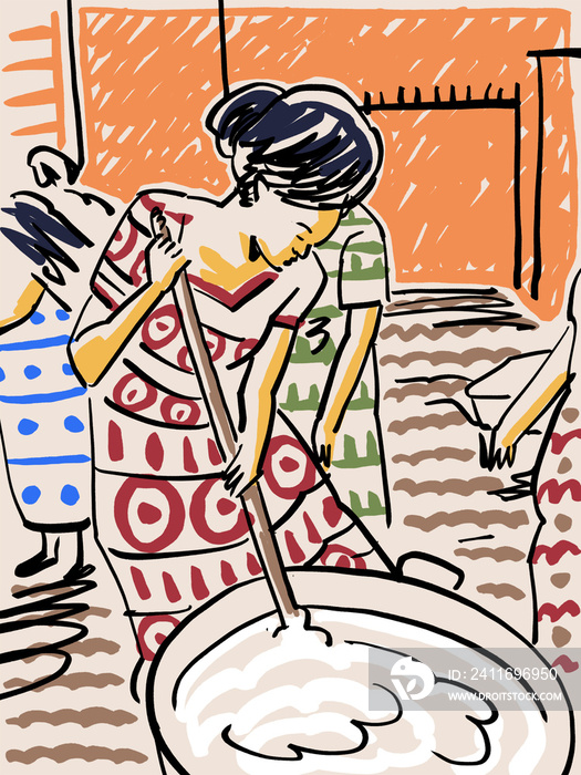 An Illustration of woman stirring a big pot of pap